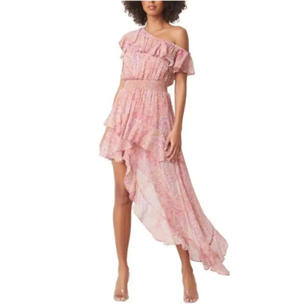 Misa Los Angeles Revolve Gisele Dress Asymmetric‎ Floral Ruffles Pink Fairy XS